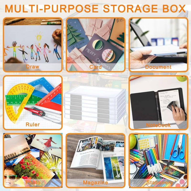LonlyEagle 6 Pcs Clear A4 File Portable Project Case, Plastic Storage Box for 8.5" x 11" Letter Paper, Scrapbook Paper Storage Boxes Documents Magazines Holder - Image 5